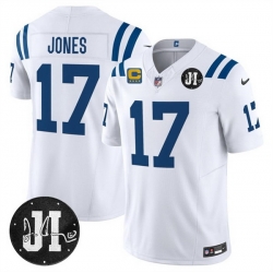 Men Indianapolis Colts 17 Daniel Jones White 2025 F U S E  With 4 Star C Patch And Jim Irsay Patch Vapor Limited Stitched Football Jersey Men Indianapolis Colts 17 Daniel Jones White 2025 F U S E  With 4 Star C Patch And Jim Irsay Patch Vapor Limited Stitched Football Jersey