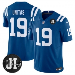 Men Indianapolis Colts 19 Johnny Unitas Blue 2025 F U S E  Jim Irsay Patch Vapor Limited Stitched Football Jersey Men Indianapolis Colts 19 Johnny Unitas Blue 2025 F U S E  Jim Irsay Patch Vapor Limited Stitched Football Jersey