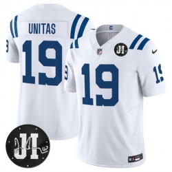 Men Indianapolis Colts 19 Johnny Unitas White 2025 F U S E  Jim Irsay Patch Vapor Limited Stitched Football Jersey Men Indianapolis Colts 19 Johnny Unitas White 2025 F U S E  Jim Irsay Patch Vapor Limited Stitched Football Jersey