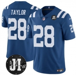 Men Indianapolis Colts 28 Jonathan Taylor Blue Jim Irsay Patch Vapor Stitched Jersey Men Indianapolis Colts 28 Jonathan Taylor Blue Jim Irsay Patch Vapor Stitched Jersey