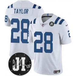Men Indianapolis Colts 28 Jonathan Taylor White Jim Irsay Patch Vapor Limited Stitched Football Jersey Men Indianapolis Colts 28 Jonathan Taylor White Jim Irsay Patch Vapor Limited Stitched Football Jersey