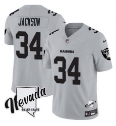 Men Las Vegas Raiders 34 Bo Jackson Grey F U S E With Nevada Silver Stat Patch Vapor Stitched Football Jersey