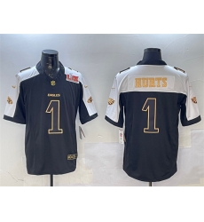 Men Philadelphia Eagles 1 Jalen Hurts Black Gold 2025 Super Bowl LIX Patch New F U S E  Vapor Untouchable Limited Stitched Football Jersey