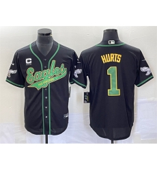 Men Philadelphia Eagles 1 Jalen Hurts Black With C Patch Cool Base Stitched Baseball Jersey