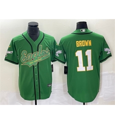 Men Philadelphia Eagles 11 A  J  Brown Green Gold Cool Base Stitched Baseball Jersey