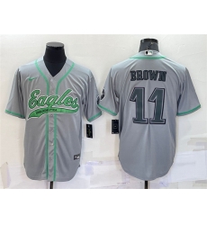 Men Philadelphia Eagles 11 A J  Brown Grey With Patch Cool Base Stitched Baseball Jersey