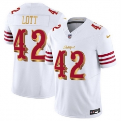Men San Francisco 49ers 42 Ronnie Lott White Gold 2025 F U S E Rivalries Vapor Limited Stitched Football Jersey Men San Francisco 49ers 42 Ronnie Lott White Gold 2025 F U S E Rivalries Vapor Limited Stitched Football Jersey