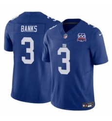 Men New York Giants 3 Deonte Banks Blue 2024 F U S E  100TH Season Patch Vapor Untouchable Limited Stitched Jersey