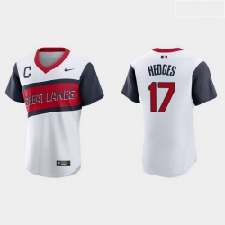 Men Cleveland Indians 17 Austin Hedges Men Nike White 2021 Little League Classic Authentic MLB Jersey