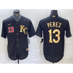 Men Kansas City Royals 13 Salvador Perez Black Gold Cool Base Stitched Jersey5