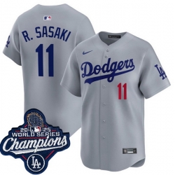 Men Los Angeles Dodgers 11 Roki Sasaki Grey 2025 World Series Champions Patch Limited Stitched Baseball Jersey
