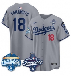 Men Los Angeles Dodgers 18 Yoshinobu Yamamoto Grey 2025 World Series Champions  26 Back to Back Champions With No 34 Patch Limited Stitched Baseball Jersey