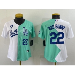 Women Los Angeles Dodgers 22 Bad Bunny 2022 All Star White Green Split Stitched Baseball Jersey 28Run Small 29 Women Los Angeles Dodgers 22 Bad Bunny 2022 All Star White Green Split Stitched Baseball Jersey 28Run Small 29