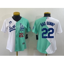 Women Los Angeles Dodgers 22 Bad Bunny 2022 All Star White Green Split Stitched Baseball Jerseys  28 Run Small 29 Women Los Angeles Dodgers 22 Bad Bunny 2022 All Star White Green Split Stitched Baseball Jerseys  28 Run Small 29