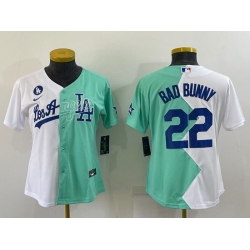 Women Los Angeles Dodgers 22 Bad Bunny 2022 All Star White Green Split Stitched Baseball Jerseys 28Run Small 29 Women Los Angeles Dodgers 22 Bad Bunny 2022 All Star White Green Split Stitched Baseball Jerseys 28Run Small 29