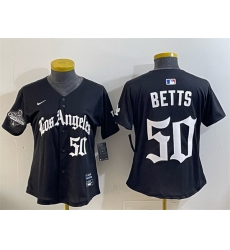 Women Los Angeles Dodgers 50 Mookie Betts Black 2025 World Series Champions LA Gothic Edition Limited Stitched Baseball Jersey Women Los Angeles Dodgers 50 Mookie Betts Black 2025 World Series Champions LA Gothic Edition Limited Stitched Baseball Jersey