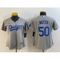 Women Los Angeles Dodgers 50 Mookie Betts Grey Stitched Jersey  Women Los Angeles Dodgers 50 Mookie Betts Grey Stitched Jersey