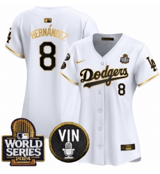 Women Los Angeles Dodgers 8 Enrique Hernandez White Gold 2024 World Series With Vin  26 Kobe Patch Limited Stitched Baseball Jersey 28Run Small 29