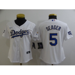 Women Los Angeles Dodgers Corey Seager 5 Championship Gold Trim White All Stitched Cool Base Jersey Women Los Angeles Dodgers Corey Seager 5 Championship Gold Trim White All Stitched Cool Base Jersey