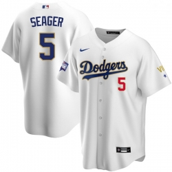 Women Los Angeles Dodgers Corey Seager 5 Championship Gold Trim White Limited All Stitched Flex Base Jersey Women Los Angeles Dodgers Corey Seager 5 Championship Gold Trim White Limited All Stitched Flex Base Jersey
