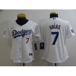 Women Los Angeles Dodgers Julio Urias 7 Championship Gold Trim White Limited All Stitched Flex Base Jersey Women Los Angeles Dodgers Julio Urias 7 Championship Gold Trim White Limited All Stitched Flex Base Jersey