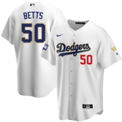 Women Los Angeles Dodgers Mookie Betts 50 Championship Gold Trim White Limited All Stitched Flex Base Jersey Women Los Angeles Dodgers Mookie Betts 50 Championship Gold Trim White Limited All Stitched Flex Base Jersey