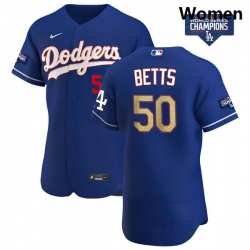 Women Los Angeles Dodgers Mookie Betts 50 Gold Program Designed Edition Blue Flex Base Stitched Jersey Women Los Angeles Dodgers Mookie Betts 50 Gold Program Designed Edition Blue Flex Base Stitched Jersey