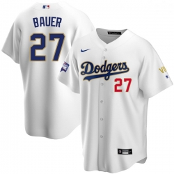 Women Los Angeles Dodgers Trevor Bauer 27 Championship Gold Trim White Limited All Stitched Flex Base Jersey Women Los Angeles Dodgers Trevor Bauer 27 Championship Gold Trim White Limited All Stitched Flex Base Jersey