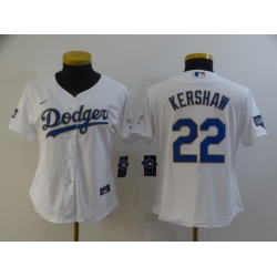 Women Los Angeles Dodgers Clayton Kershaw 22 Championship Gold Trim White All Stitched Cool Base Jersey Women Los Angeles Dodgers Clayton Kershaw 22 Championship Gold Trim White All Stitched Cool Base Jersey