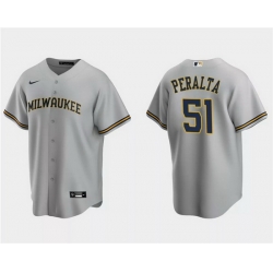 Men Milwaukee Brewers 51 Freddy Peralta Grey Cool Base Stitched Jersey