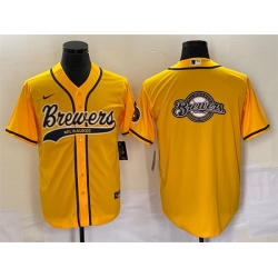 Men Milwaukee Brewers Yellow Team Big Logo Cool Base Stitched Jersey