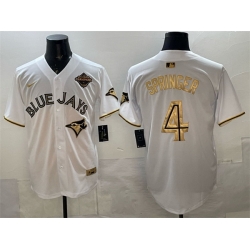 Men Toronto Blue Jays 4 George Springer White Gold 2025 American League Champions Limited Stitched Baseball Jersey