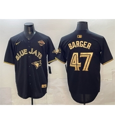 Men Toronto Blue Jays 47 Addison Barger Black Gold 2025 American League Champions Limited Stitched Baseball Jersey Men Toronto Blue Jays 47 Addison Barger Black Gold 2025 American League Champions Limited Stitched Baseball Jersey