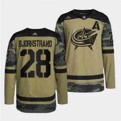 Men Columbus Blue Jackets 28 Oliver Bjorkstrand 2022 Camo Military Appreciation Night Stitched jersey