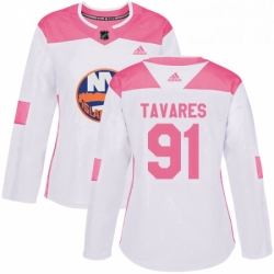 Womens Adidas New York Islanders 91 John Tavares Authentic WhitePink Fashion NHL Jersey 