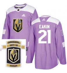 Adidas Golden Knights #21 Cody Eakin Purple Authentic Fights Cancer Stitched NHL Inaugural Season Patch Jersey