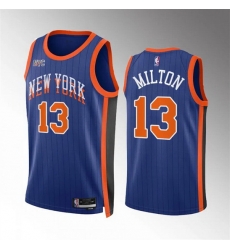 Men New Yok Knicks 13 Shake Milton Blue 2023 24 City Edition Stitched Basketball Jersey