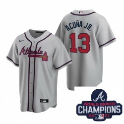 Men Nike Atlanta Braves 13 Ronald Acuna Jr Gray Road Stitched Baseball Stitched MLB 2021 Champions Patch Jersey