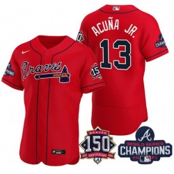 Men's Red Atlanta Braves #13 Ronald Acuna Jr. 2021 World Series Champions With 150th Anniversary Flex Base Stitched Jersey