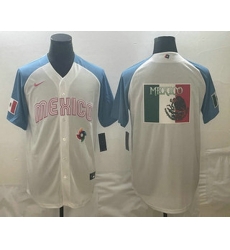 Men's Mexico Baseball 2023 White Blue World Big Logo Classic Stitched Jerseys