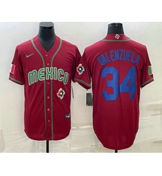 Men's Mexico Baseball #34 Fernando Valenzuela 2023 Red Blue World Baseball Classic Stitched Jersey