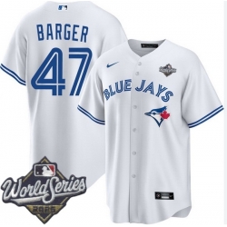 Men Toronto Blue Jays 47 Addison Barger Cool Base Stitched Baseball Jersey White Men Toronto Blue Jays 47 Addison Barger Cool Base Stitched Baseball Jersey White