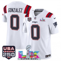 Men New England Patriots 0 Christian Gonzalez White 2025 F U S E  Super Bowl LX Patch And USA 250 27 Patch Vapor Limited Football Stitched Jersey