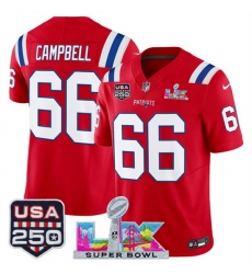 Men New England Patriots 66 Will Campbell Red 2025 F U S E  Super Bowl LX Patch And USA 250 27 Patch Vapor Limited Football Stitched Jersey