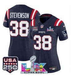 Women New England Patriots 38 Rhamondre Stevenson Navy 2025 F U S E  Super Bowl LX Patch And USA 250 27 Patch Vapor Limited Football Stitched Jersey 