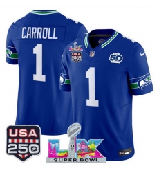 Men Seattle Seahawks 1 Pete Carroll Royal 2025 F U S E  Super Bowl LX Patch And 50th Season  USA 250 Patch Vapor Throwback Limited Stitched Football Jersey
