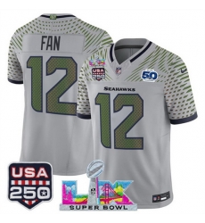 Men Seattle Seahawks 12 Fan Gray 2025 F U S E Super Bowl LX 26 US 250th anniversary Patch And 50th Season Patch Rivalries Vapor Limited Football Stitche Men Seattle Seahawks 12 Fan Gray 2025 F U S E Super Bowl LX 26 US 250th anniversary Patch And 50th Season Patch Rivalries Vapor Limited Football Stitche