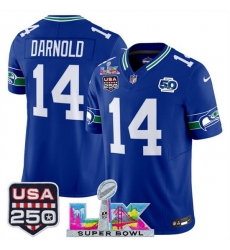 Men Seattle Seahawks 14 Sam Darnold Royal 2025 F U S E  Super Bowl LX Patch And 50th Season  USA 250 Patch Vapor Throwback Limited Stitched Football Jersey