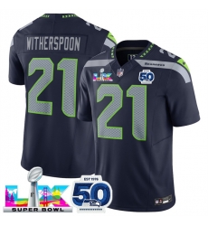 Men Seattle Seahawks 21 Devon Witherspoon Navy 2025 F U S E  Super Bowl LX Patch And 50th Season Patch Vapor Limited Stitched Football Jersey