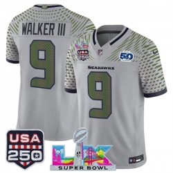 Men Seattle Seahawks 9 Kenneth Walker III Gray 2025 F U S E Super Bowl LX  US 250th anniversary Patch And 50th Season Patch Rivalries Vapor Limited Footbal